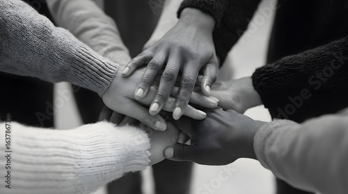 Black and white photo of hands joined in solidarity. Symbol of equality, antiracism, support and shared struggle.