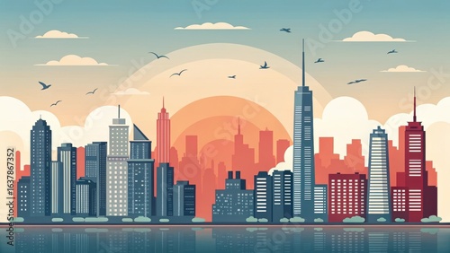 Fototapeta Naklejka Na Ścianę i Meble -  A colorful city skyline with skyscrapers and a sunset over the water