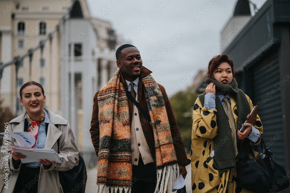 © qunica.com - Three colleagues of diverse backgrounds walking outdoors in warm attire, appearing collaborative and engaged, representing diversity and teamwork in a wintery cityscape.