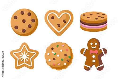 Gingerbread and cookie icons, heart star biscuit vector, sweet dessert illustration, bakery treat collection, tasty snack design