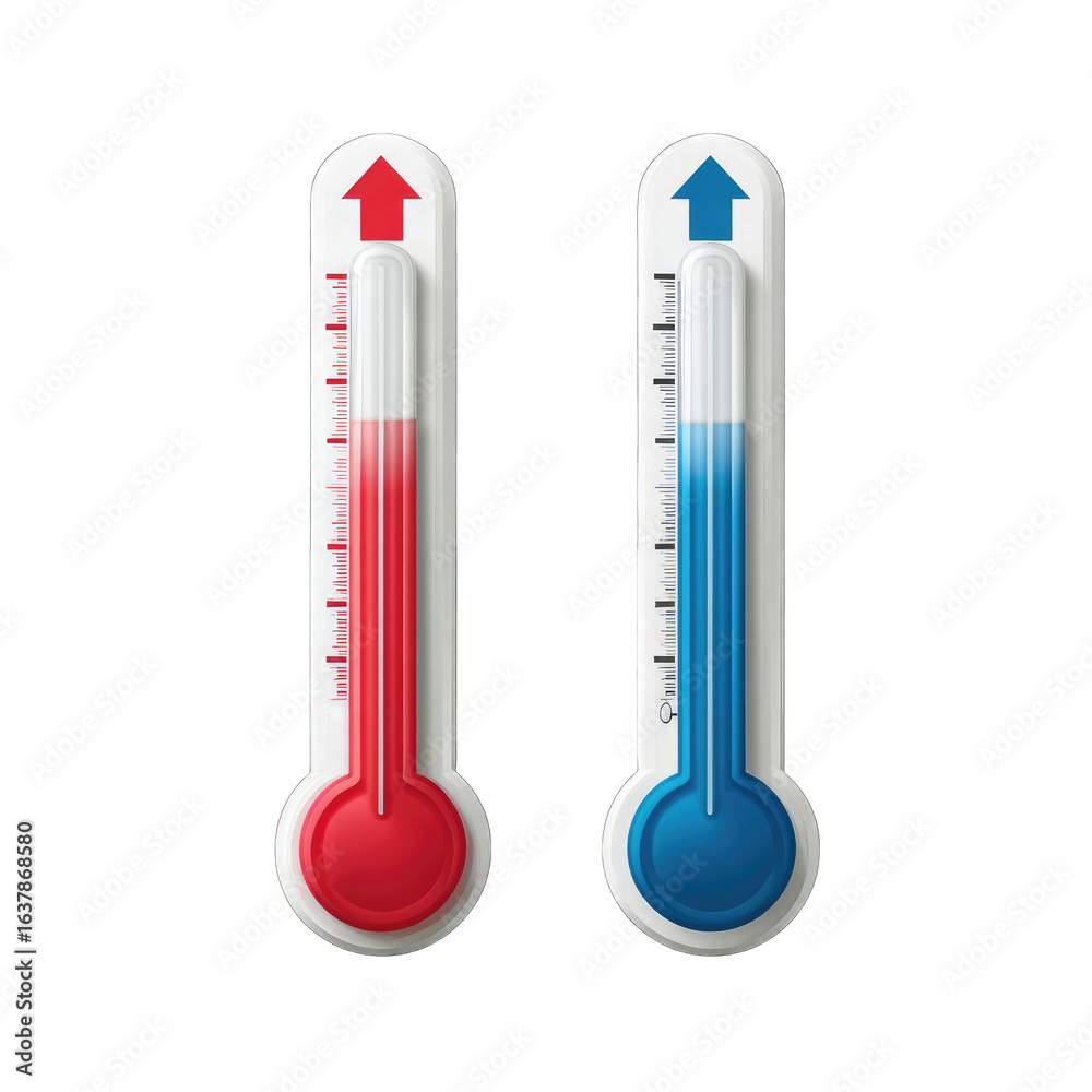 Two digital thermometers, red and blue, showing different temperatures Two digital thermometers, red and blue, showing different temperatures