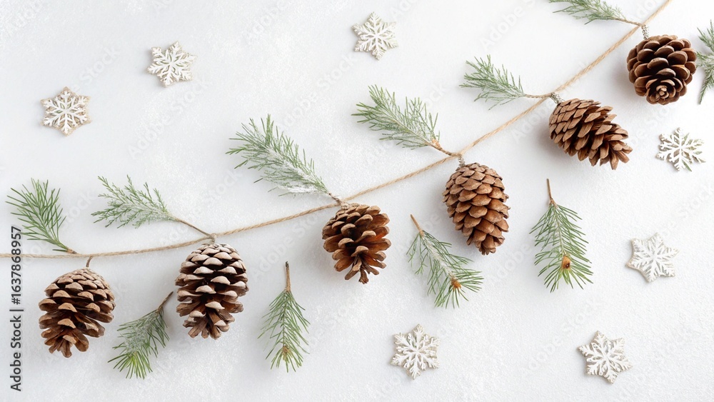 Fototapeta premium Christmas Decorations Garland Minimalist White Background Concept Decorative pinecones and leaves on a snowy background create a wintery atmosphere.