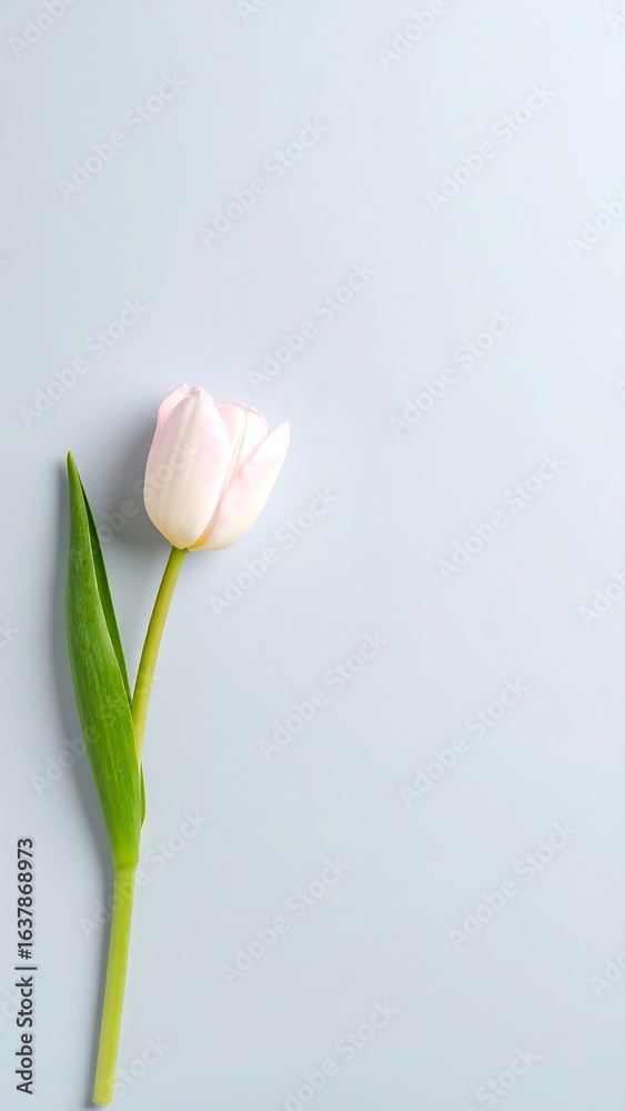 Fototapeta premium Single pale pink tulip on light gray background