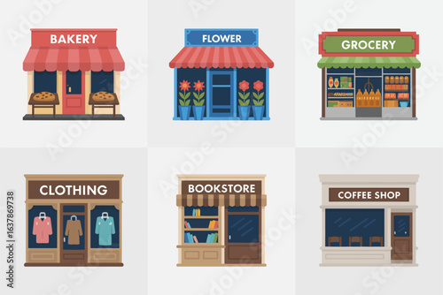 Bakery and grocery store icons, flower shop clothing bookstore coffee vector, retail business illustration, storefront collection, market design