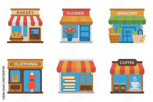 Retail shop and market icon set, bakery flower grocery clothing bookstore coffee vector, storefront illustration, business collection, shop design