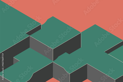 Isometric view of green blocks with gray sides on a salmon colored background in a geometric arrangement