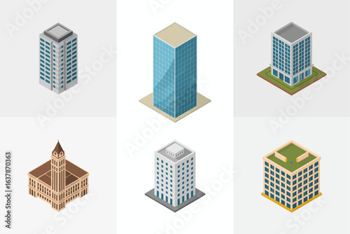 Urban skyscraper and office building icons, city tower vector, modern architecture illustration, business center collection, cityscape design
