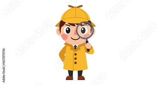 A Cheerful Cartoon Detective Character Wearing a Yellow Trench Coat and Deerstalker Hat Examining Something with a Magnifying Glass Demonstrating His Keen Observation Skills and Curious Nature for Inv