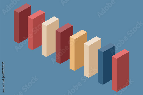 Isometric view of eight rectangular prisms arranged in a row on a blue background surface plane