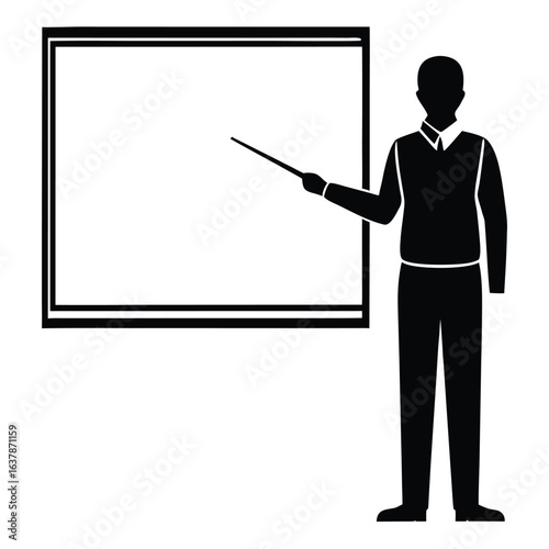 Simple Black Silhouette of a Presenter Giving a Presentation, Using a Pointer Stick to Highlight Key Information on a Blank Whiteboard;  Professional, Minimalist Style, Corporate Training Concept.