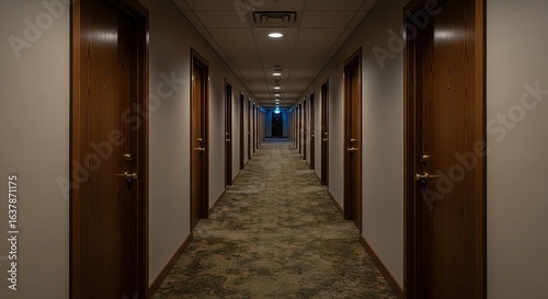 Symmetrical Vanishing Point in a Dimly Lit, Mysterious Hotel Corridor