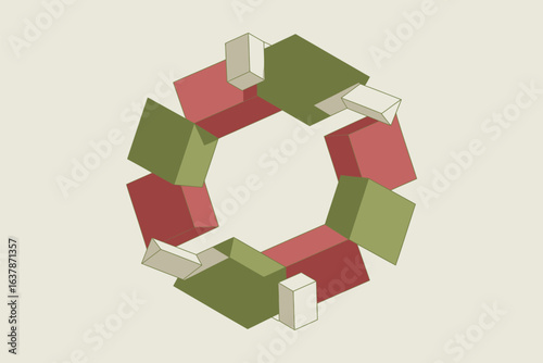 A geometric ring made of red and green cubes with white rectangular prisms on a light background