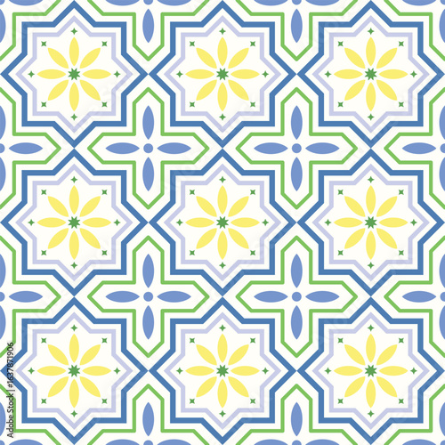Blue Yellow and Green tiles seamless pattern Azulejo tile vector pattern. for wallpaper, web page background,surface textures, floor