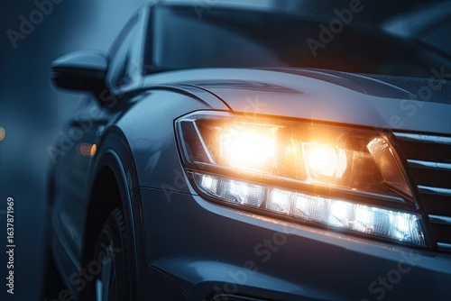 Close-up of a silver SUV's headlights at night.  Foggy, dark scene