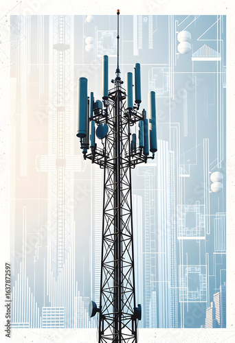 Telecommunication tower with 4G, 5G transmitters. Cellular base station with transmitting antennas on telecommunication tower against abstract technological background, collage style, with white tones