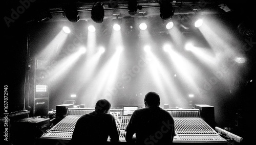 Sound engineers working at a sound board.