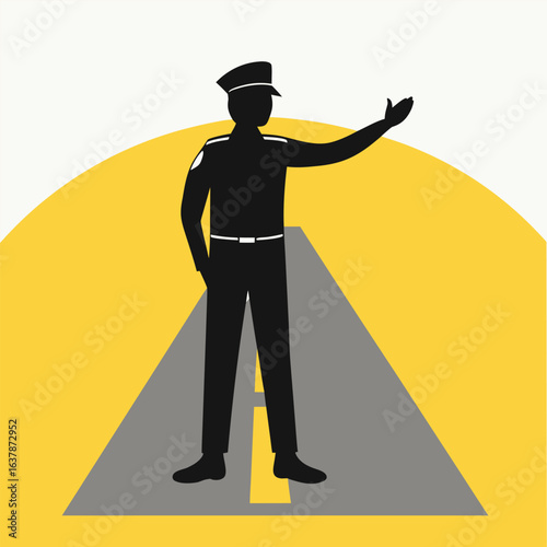 Silhouette of a traffic officer directing traffic on a road, minimalist style, conveying safety and guidance in a simple, bold graphic.