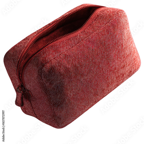 Open red cosmetic bag with a textured heathered fabric and matching zipper shown from an angled perspective.