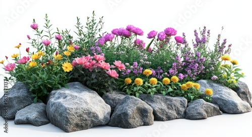 Vibrant Flower Bed Surrounded by Natural Stones with Colorful Blossoms and Green Foliage for Outdoor Garden Design
