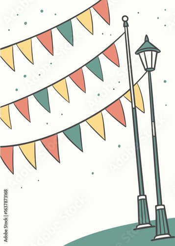 Festive bunting flags hanging between street lamps for an outdoor celebration