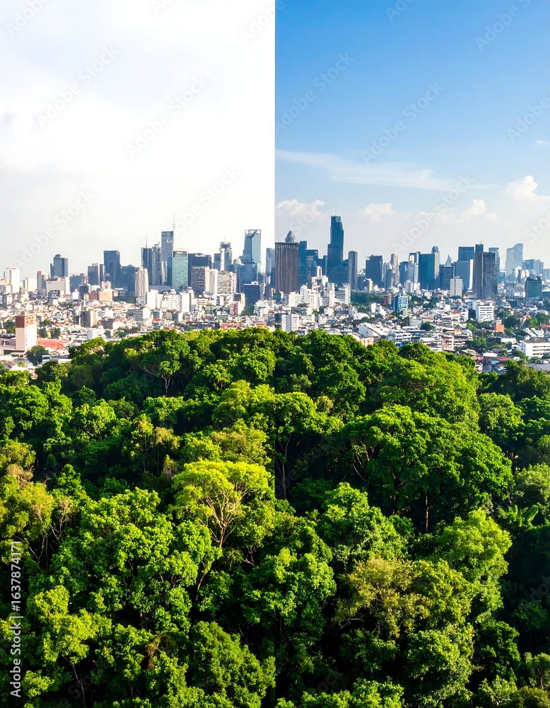 Obraz premium Lush green forest contrasting a vibrant cityscape split by a stark, vertical line