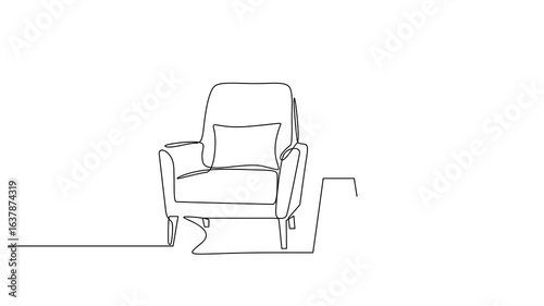 Animation of single one line drawing stylish Armchair and table with vase with home plant. Comfortable armchairs with industrialist reading lamp. Full length motion