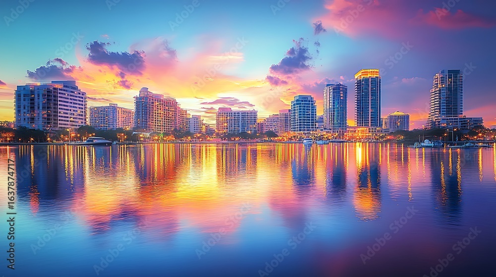 Fototapeta premium Cityscape Reflection at Sunset, Waterfront Skyline with Colorful Sky