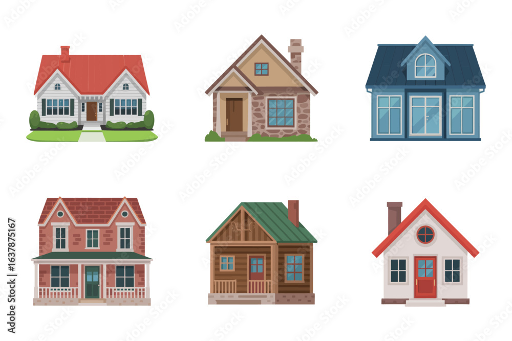 Fototapeta premium Suburban house and cottage icons, residential home vector, family house illustration, real estate collection, neighborhood design