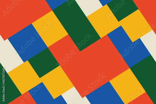 An abstract geometric pattern of overlapping rectangles in primary and secondary colors creating a design