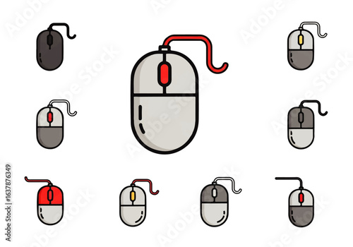 Computer mice icon set with different cables. Perfect for tech blogs, online reviews, and ecommerce websites in need of computer accessories visuals.