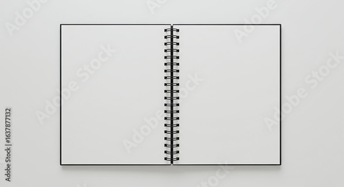Blank open spiral notebook mockup template. Top view of a sketchbook with empty pages for design or text on a clean background.