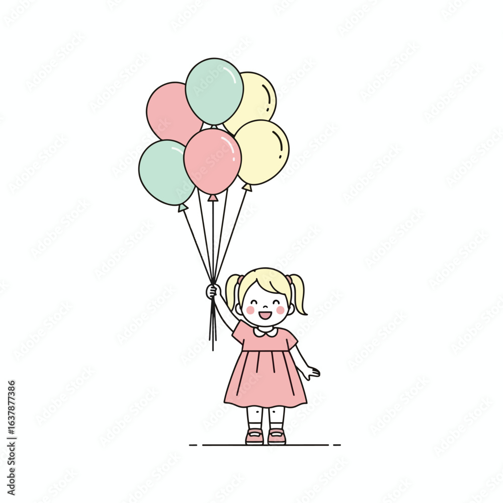 Happy cartoon girl with blonde pigtails holding a bunch of colorful pastel balloons. Happy cartoon girl with blonde pigtails holding a bunch of colorful pastel balloons.