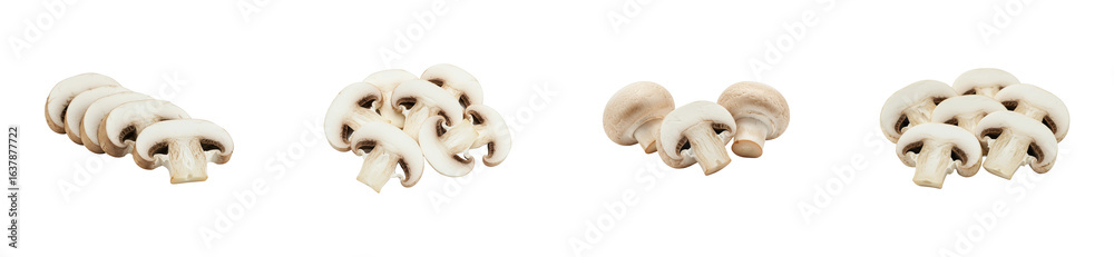Fototapeta premium Slicing fresh mushrooms kitchen counter food indoor culinary art. Cut out PNG set