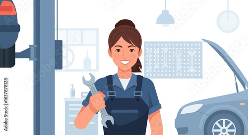  Female Car Mechanic Holding Wrench in Auto Repair Garage Illustration