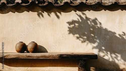 Earthy still life featuring rustic pottery and natural shadows on textured wall landscape