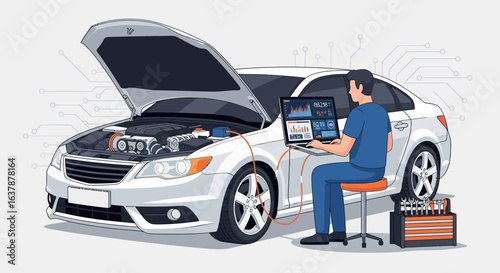 Mechanic Using Laptop for Car Engine Diagnostics – Automotive Technology and Vehicle Maintenance Illustration