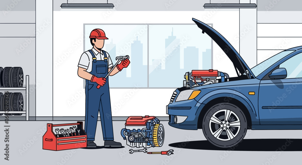Fototapeta premium Car Mechanic Replacing Engine with Tools in Auto Repair Workshop Illustration