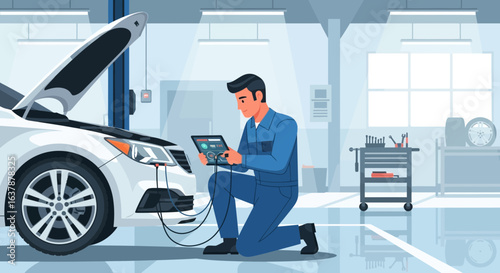 Mechanic Using Diagnostic Tool to Inspect Car Engine in Auto Repair Shop Illustration