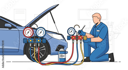 Mechanic Performing Car Air Conditioning System Service with Pressure Gauges and Refrigerant Tools – Automotive AC Maintenance Illustration