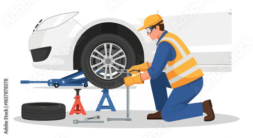  Mechanic Changing Car Tire with Safety Gear – Vehicle Maintenance and Repair Illustration