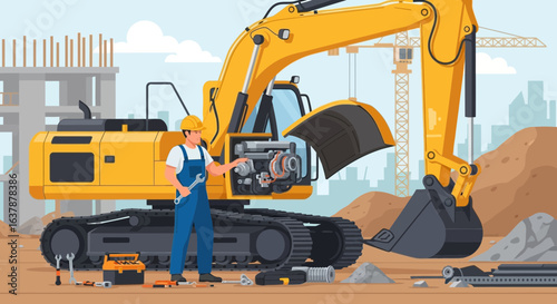 Construction Worker Repairing Excavator Engine at Building Site Illustration