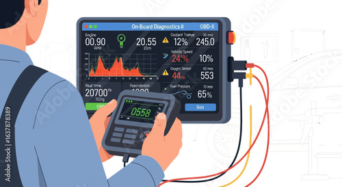 Mechanic Using OBD-II Scanner for Car Engine Diagnostics – Vehicle Performance Testing Illustration
