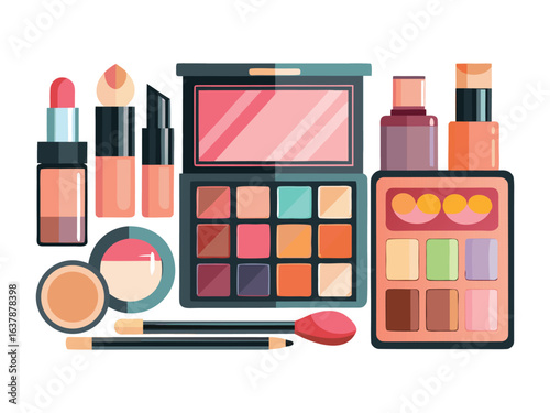 Collection of colorful makeup products arranged artistically isolated on white background
