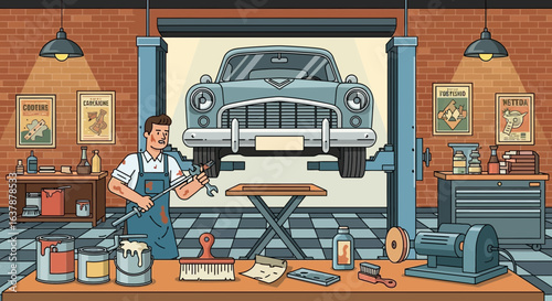 Classic Car Restoration in Garage Workshop – Mechanic Painting and Repairing Vintage Vehicle on Lift

