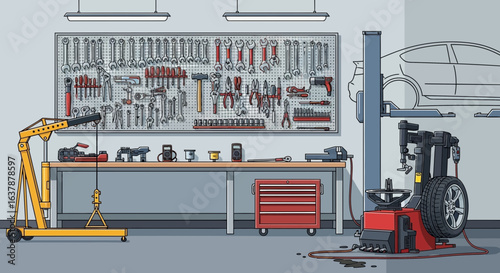 Automotive Workshop Interior with Tools, Equipment, and Car Lift Illustration
