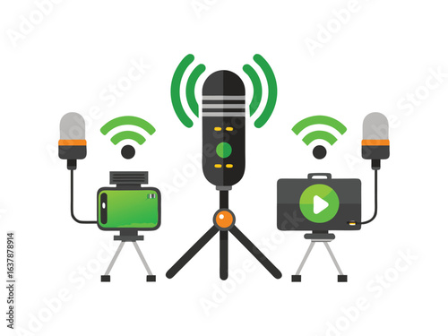 Professional podcasting setup with microphone and cameras transmitting wirelessly isolated on white background
