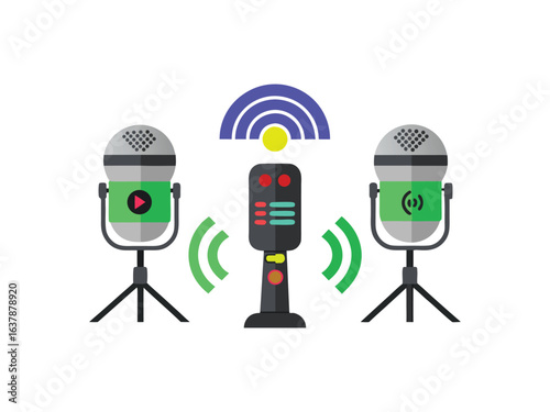 Three microphones on stands with wireless signal broadcasting audio isolated on white background
