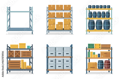 Warehouse storage and rack icon set, industrial shelf vector, logistics illustration, warehouse equipment collection, storage design