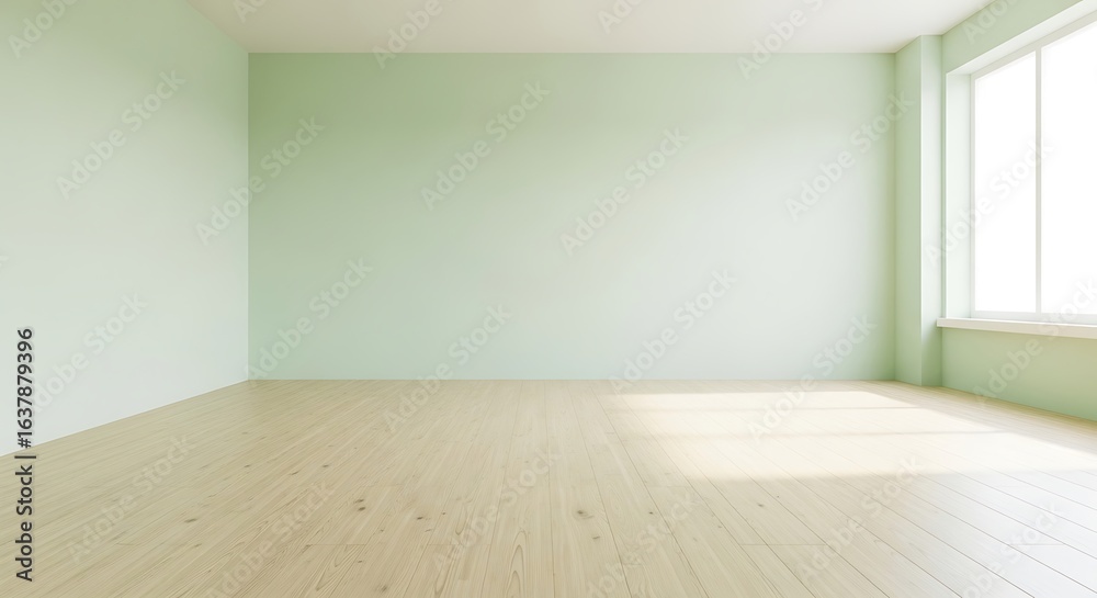 Obraz premium Tranquil Light Green Room with Hardwood Flooring and Natural Illumination Through a Large Window