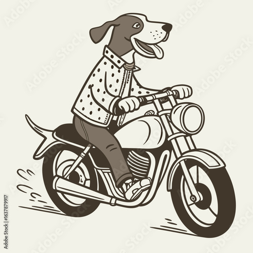 Cartoon dog wearing a polka dot shirt riding a vintage motorcycle